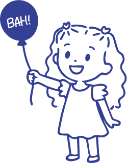 Personagem BAH! Festas acenando com balão escrito BAH!